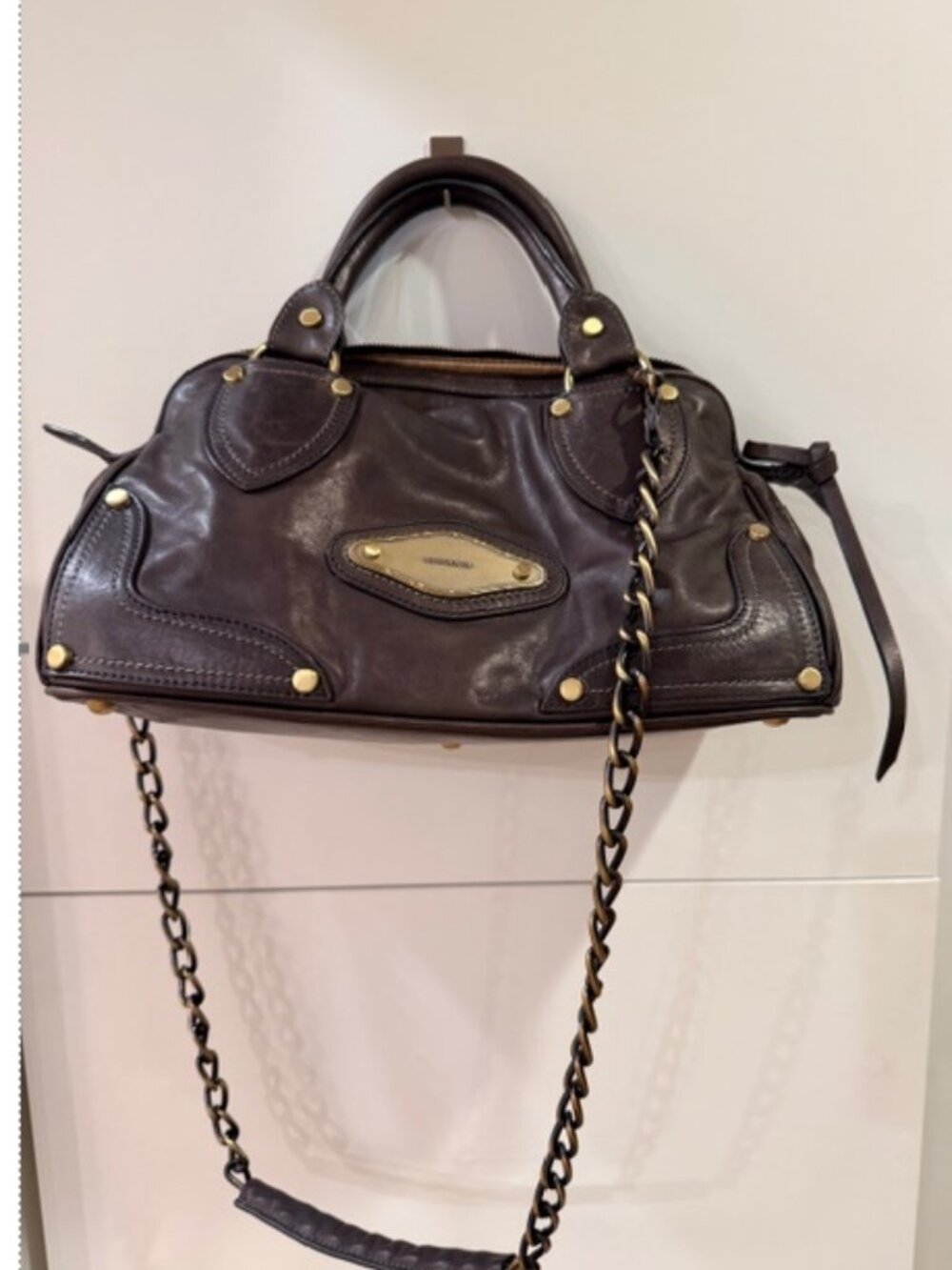 Luana Italian Leather Satchel Dark Olive Brown Chain Strap Top Handle - Picture 11 of 13